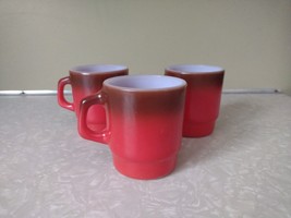 3 MID CENTURY Anchor Hocking Fire King Red Brown Ombre Stacking Coffee Mugs USA - £15.03 GBP