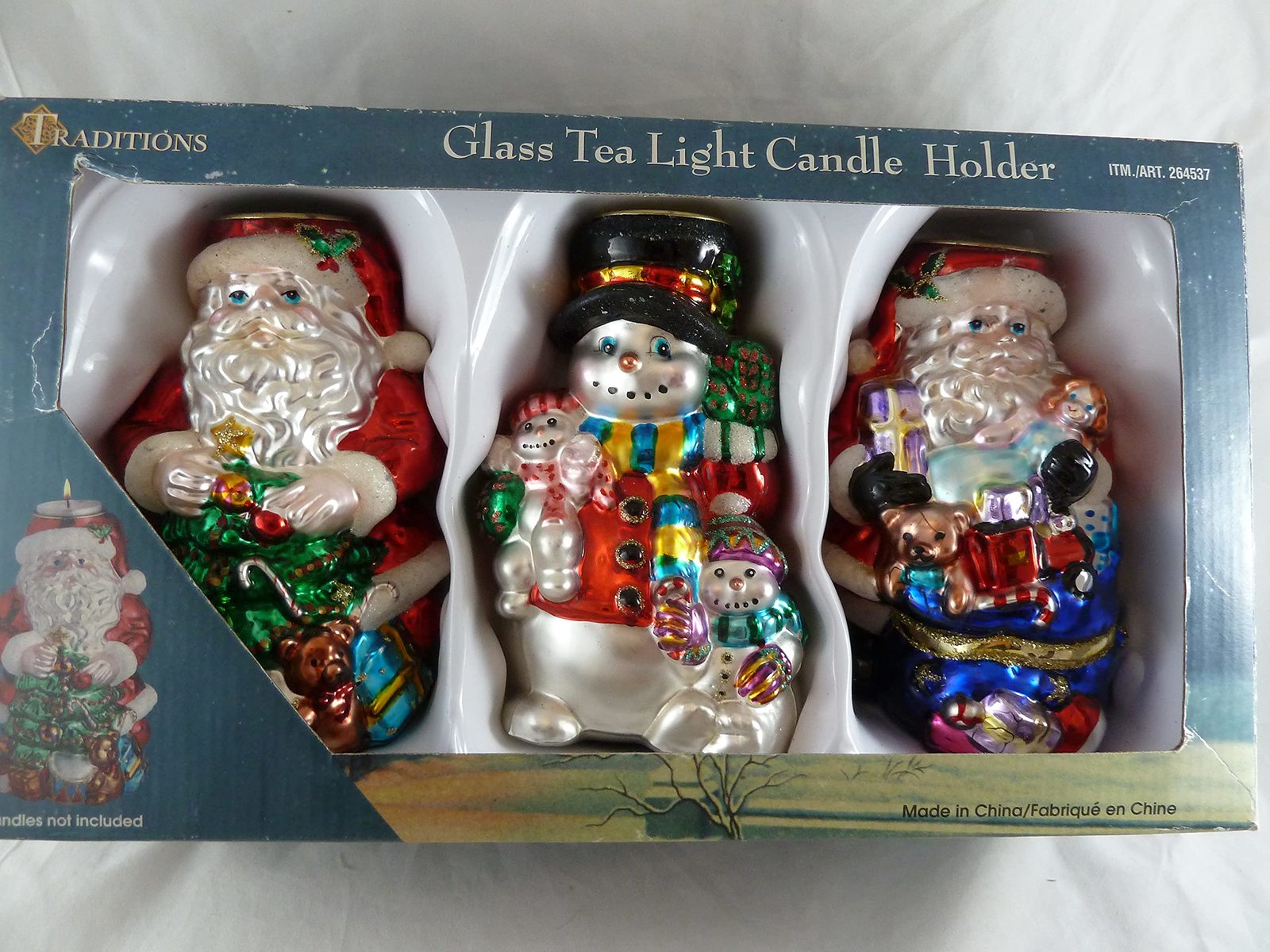 Primary image for Traditions Hand Blown Glass Christmas Tea Light Candle Holders Hand Painted Set 