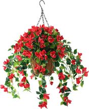 Homsunny Artificial Hanging Flowers Basket with 4 Pcs Bougainvillea Silk, red - £28.27 GBP