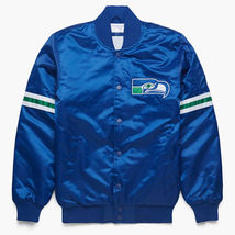Vintage 80s NFL Seattle Seahawks Baseball Varsity Letterman Jacket Blue Satin - £83.72 GBP