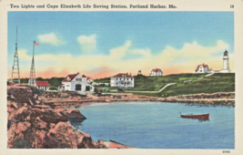 Portland Harbor Me Maine~Two LIGHTS-CAPE Elizabeth Life SAVING-VINTAGE Postcard - £6.30 GBP