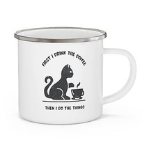 funny cat drinking coffee animal lovers gift Enamel Camping Mug - $23.00