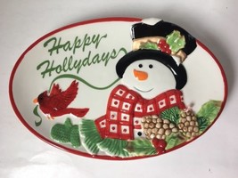 Fitz and Floyd Holly Berry Snowman Hollydays Oval Plate Tray Platter Cardinal - £11.94 GBP