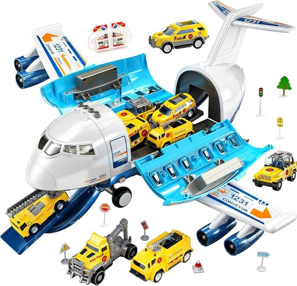 2-in-1 Kids Airplane Toy with 12 Construction Vehicles & Playmat - Blue Item image 3