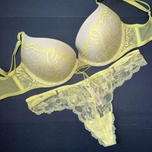 Nwt Victoria&#39;s Secret Push Up 32D Bra Set M Thong Canary Yellow Lace Very Sexy - £62.02 GBP