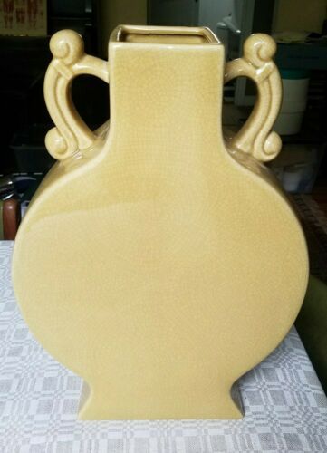 West Elm 14" Handled Geometric Crackle Glaze Vase Mustard Yellow Ceramic - $33.85