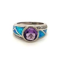 Vtg Sterling Sign 925 AK Amethyst with Opal and CZ Accent Cocktail Ring sz 7 1/2 - £50.55 GBP