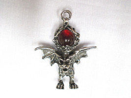 Xl Gargoyle Open Wings And Red Glass Ball Orb Pewter Pendant Adj Necklace - £19.58 GBP
