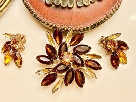 Vintage CATHE Amber/Crystal Brooch &amp; Earrings 1960s - Well Cared for by ... - £52.08 GBP