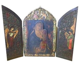 Antique Russian Christian Orthodox Triptych Icon Mother Virgin Madonna Jesus - £10,390.82 GBP