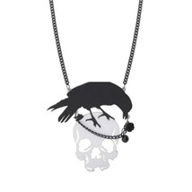 Raven And Skull Necklace Lg 3.75&quot; Acrylic Statement Pendant Spooky Halloween Fun - £10.35 GBP