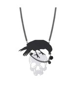 RAVEN AND SKULL NECKLACE Lg 3.75&quot; Acrylic Statement Pendant Spooky Hallo... - £10.35 GBP