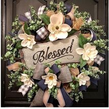Elegant Magnolia Wreath with Buffalo Plaid - 20” Spring Summer Front Doo... - $106.87