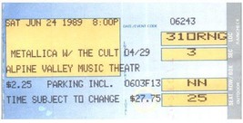 Vintage Metallica The Cult Ticket Stub June 24 1989 East Troy Wisconsin - $73.20