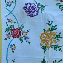 Floral Farmhouse Tablecloth Square Embroidered Cross Stitch Yellow 33x33 in Vtg - £21.57 GBP