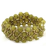 Vintage Olive Green Beaded Stretch Bracelet Gold Chainmail Style Retro C... - $19.95