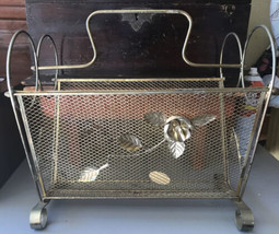 MCM Vtg Magazine Record Album Rack Gold Metal Mesh Handle Leaves &amp; Rose - £19.78 GBP