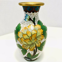 Antique Chinese Cloisonné White Yellow Peony Floral Bird Enamel Brass Vase - £31.32 GBP