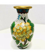Antique Chinese Cloisonné White Yellow Peony Floral Bird Enamel Brass Vase - £31.41 GBP
