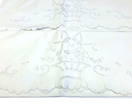 2 Vintage Pillowcases White Cutwork Maderia Embroidery Basket 34 in L 20 in W - £26.75 GBP