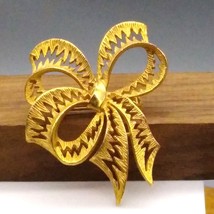 Textured Bow Brooch, Gold Tone Pin with ZigZag Piercings, Elegant Ribbon - $31.93