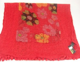 Womens Rikka Red Loose Knit Scarf Flower Design Mini Pom Pom Edge 18x66&quot;... - £10.27 GBP