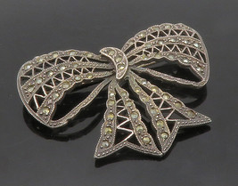 925 Sterling Silver - Vintage Marcasite Bow Tied Ribbon Brooch Pin - BP5886 - £35.14 GBP