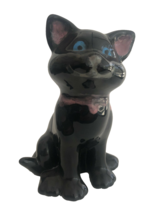 Vintage Black Porcelain Cat Figurine Halloween Kitty Pink Collar 4.5&quot; Figurine - £11.18 GBP
