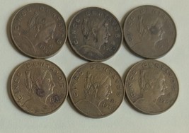 Lot of 6 Mexico Cinco Centavos 1954-1969 Brass Coins - $4.95