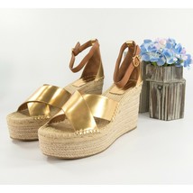 Tory Burch Selby 105MM Old Gold Calf Leather Platform Espadrille Wedge Heels 10 - £175.06 GBP