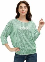 Jasambac Womens Sparkle Sequin Top Loose Cold Shoulder, Green, Size Small - £31.27 GBP