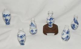 Vintage Chinese Blue White Vases 6pc Set 3.5&quot; Miniature Bud Flower Vases... - £31.86 GBP