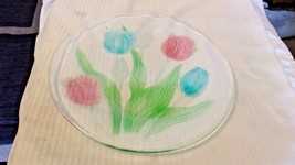 Glass Serving Tray Embossed Flowers &amp; Leaves, Multicolored 13&quot; Diameter - $80.00