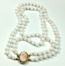 Vintage Double Stranded White Pink Necklace 16&quot; Choker Imitation Angel Skin - £22.80 GBP