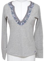 ETRO Top Shirt T-Shirt Grey Beads Sequin V-neck Long Sleeve Cotton Sz 42 - £72.14 GBP