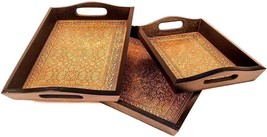 Serving Tray Set OF 3 with handles wood vintage brass engraving for snacks - £69.33 GBP