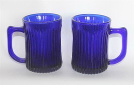 2 Vintage Cobalt Blue Heavy Thick Ribbed D-Ring Handles Glass Mugs EXC - $28.99