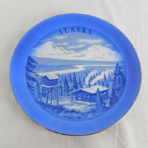 Blue Decorative 8.5&quot; diameter Alaska Plate Mountains Cabin Firs Pines Ri... - $9.75