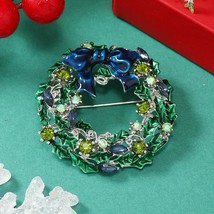 Holiday Silver Holly Wreath Rhinestone Brooch - $13.88