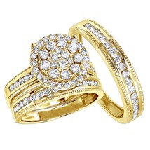 14K Y Gold Plated His Her Simulated Diamond Wedding Ring Bands Trio Bridal Set - £180.25 GBP