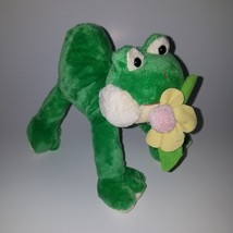 Green Frog Plush 7&quot; Stuffed Animal Toy Pink Yellow Flower In Mouth Spring Easter - £19.63 GBP
