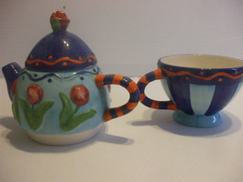 Shabby Chic Hand Painted Ceramic 16 Oz Teapot And 12 Oz Cup Blue And Ora... - £39.81 GBP