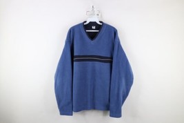 Vintage 90s Gap Mens Large Striped Color Block Thick Fleece V-Neck Sweater Blue - $54.40