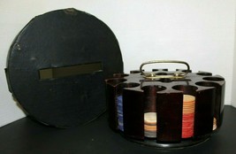 Vintage Wooden Poker Chip Carousel Caddy With Faux Leather Cover &amp; Clay Chips - £55.22 GBP