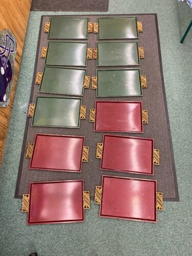 12 Vintage metal serving trays brass handles 7 green 5 burgundy 16&quot;x11&quot; ... - $99.99