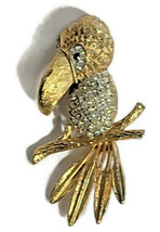 Parrot Bird Pin Brooch Gold-Tone Color Clear Crystal Glass Rhinestones - £15.09 GBP