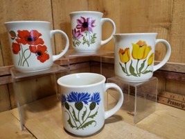 Set of 4 Vintage Botanical Floral Stoneware Coffee Cups Mugs Made in Korea  - £30.22 GBP