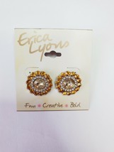 Erica Lyons Gold Tone Stud Earrings Round Yellow Gemstone &amp; Rhinestones Earrings - £9.97 GBP