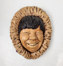 Vintage Bossons Chalk Ware Head Inuit Eskimo Wall Art Black Hair Fur Hood - £17.52 GBP
