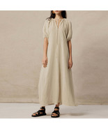 Bubble Sleeve Pleated Dress French Ramie Slimming V Neckline Lace up Design Flab - $135.84
